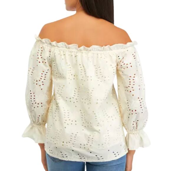 Chelsea & Theodore Eyelet Peasant Blouse Womens Size M Cream On/Off Shoulder - Picture 2 of 15